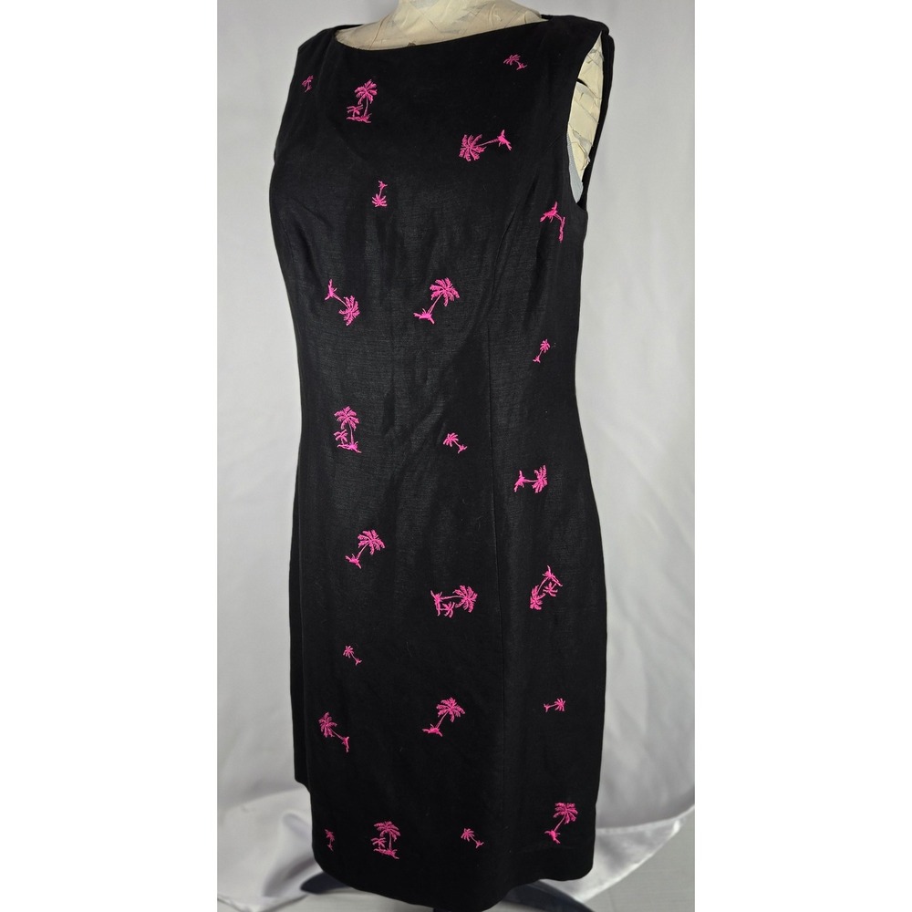 Vintage Annie Alexander Black Linen Dress Pink Palm Tree Print Sleeveless Size 8